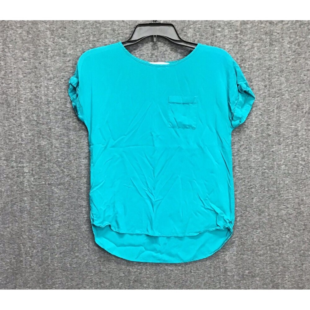 Loft Petites Womens XSP Petite Top Blue High Low Pocket Cap Sleeve Stretch